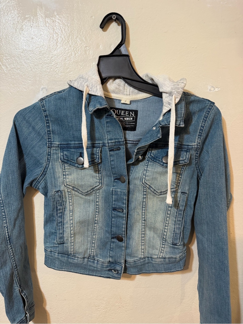 Queen Washed Blue Denim Jacket with Gray Hood